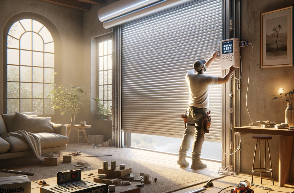 Installation volet roulant électrique étape par étape avec outils et câblage visible en cours de montage