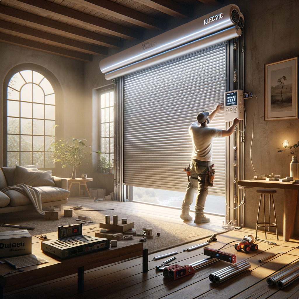 Installation volet roulant électrique étape par étape avec outils et câblage visible en cours de montage